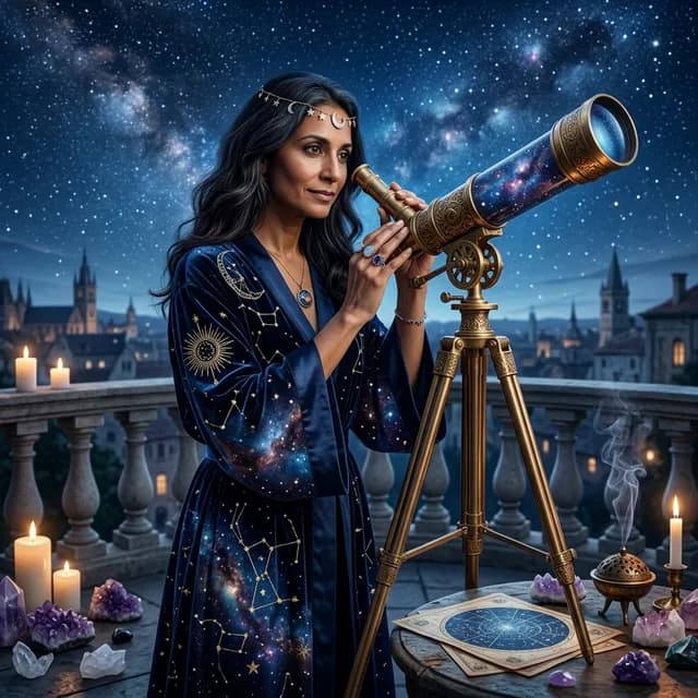 Celestia observing the night sky, connecting with ancient celestial wisdom