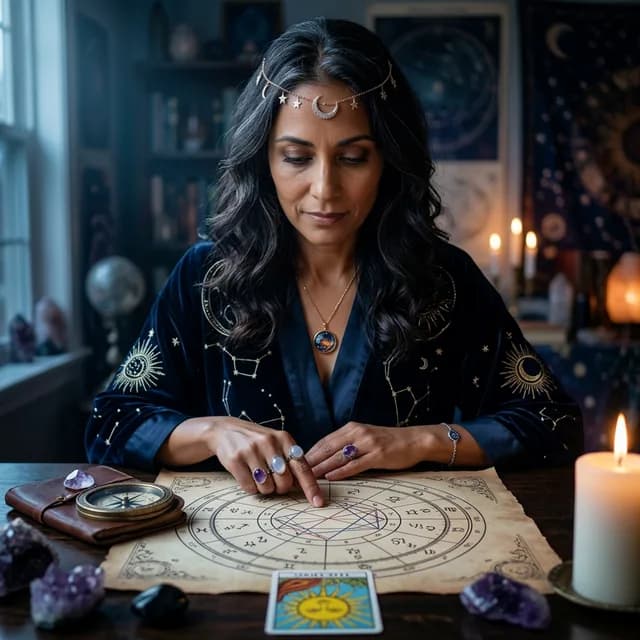 Celestia reading a birth chart with precision instruments